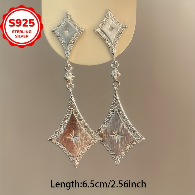 925 Hypoallergenic Retro Brushed Rhombus Pendant Stud Earrings